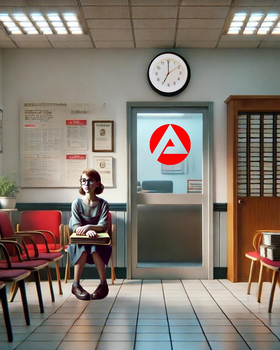 Mit KI erstelltes und bearbeitetes Symbolbild: Frau wartet um 07:00 Uhr allein im Wartebereich der Agentur für Arbeit auf einen Bildungsgutschein.